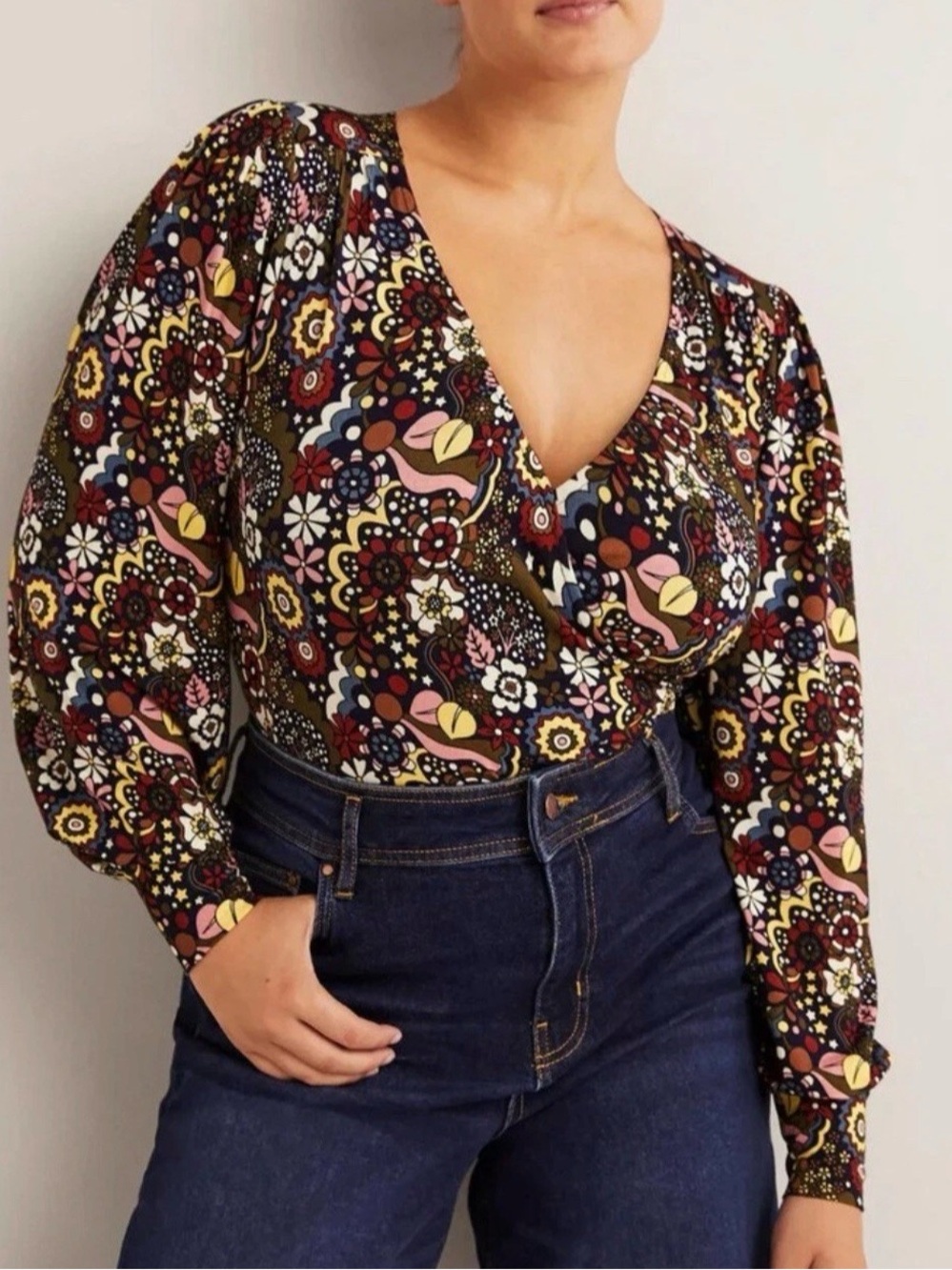 Boden Blouson Faux Wrap Top Floral Jersey  Blouse Shirt Women US 6 NEW 730